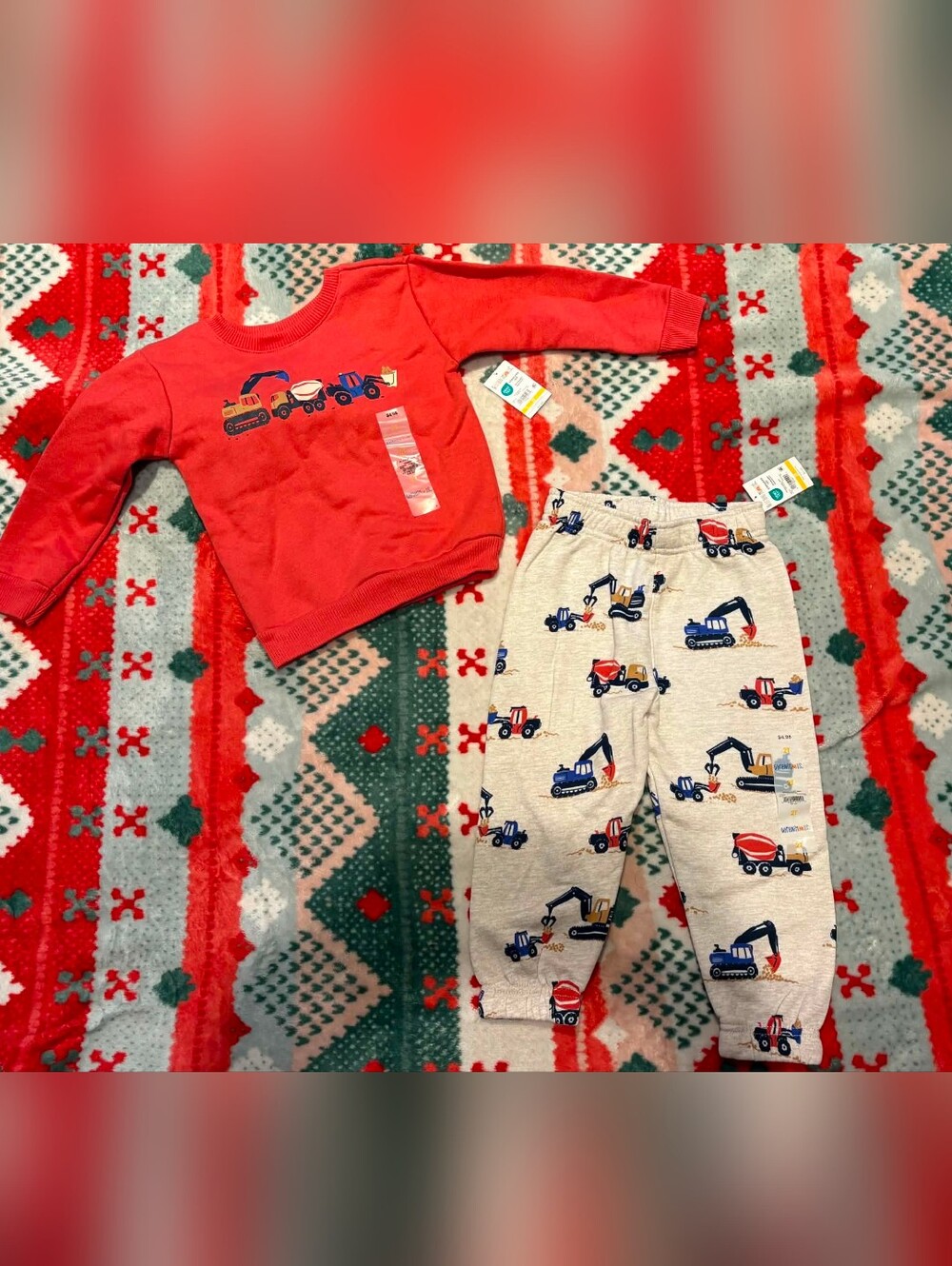 Red Sweater and Construction Print Joggers Set - Boys